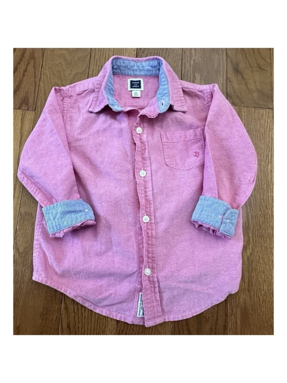 Janie and Jack Boys 2T Pink Oxford Button Down‎ Shirt Long Sleeve Chambray Trim